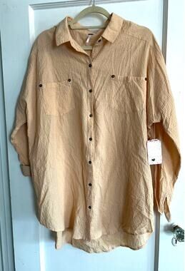 Free People Women's Oversized Crinkle Shirt Cantaloupe, NWT OS LARGE